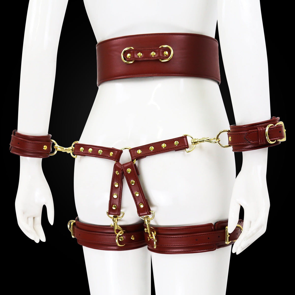 Bdsm Leather Handcuffs And Leg Cuffs with Doggy Style Harness - Brown - image 5