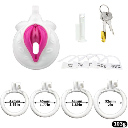 Mini Vagina-Shaped Male Chastity Cage – Humiliating Lock with 4 Rings & Padlock - White & Pink - image 6