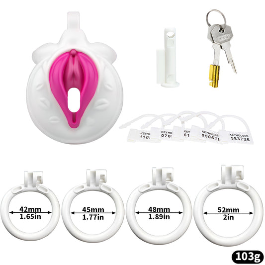 Mini Vagina-Shaped Male Chastity Cage – Humiliating Lock with 4 Rings & Padlock - White & Pink - image 6