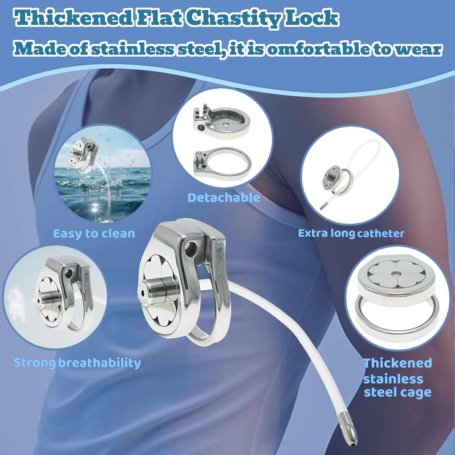 Flat Stainless Steel Chastity Cage with Long Hollow Urethral Tube - image 2