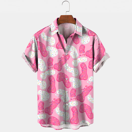 Mens Button Down Pink Shirts Funny Penis Printed - Pink - 5XL - image 0