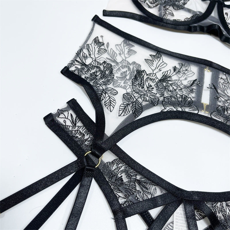 Strappy Transparent Floral Bra Thong Garter Set - image 3
