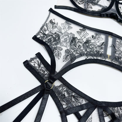 Strappy Transparent Floral Bra Thong Garter Set - image 3