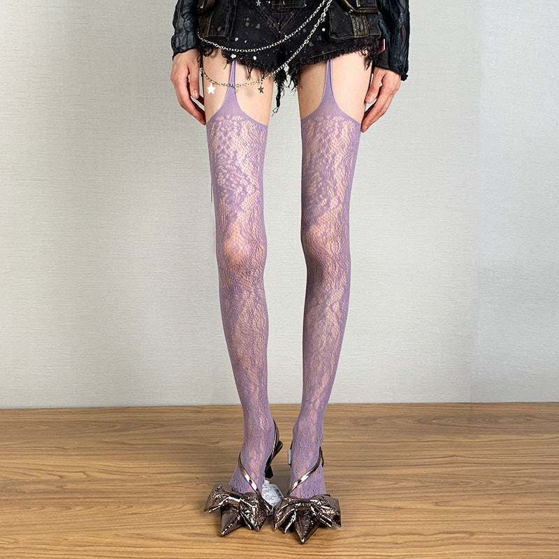 Bold & Beautiful – Suspender Fishnet Tights with Attitude - Purple - One Size - image 9