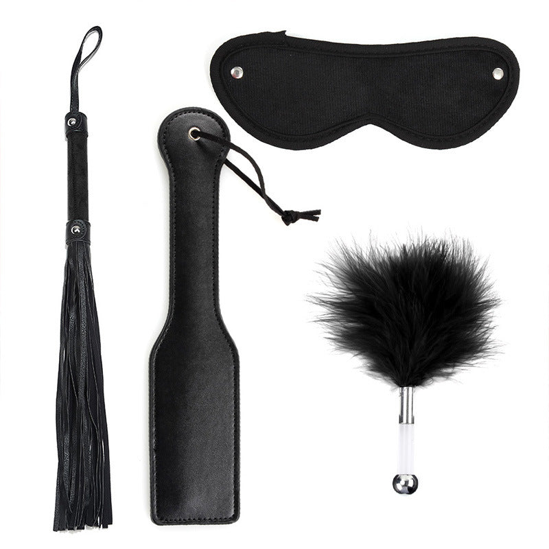 Pu Vegan Plush Paddle & Whip & Blindfold Set - Black - image 1