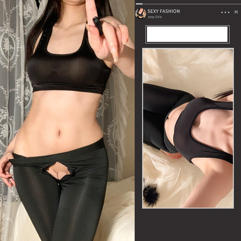 Open Front and Back End Sexy Pants & Bra Top - Black - Fits for 40kg - 60kg - image 3