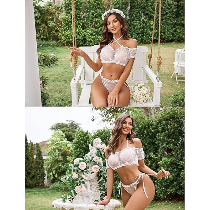 Flirty Off-Shoulder Ruffle Lingerie Set - Sheer Mesh Bra & Tie-Side Panty - image 52