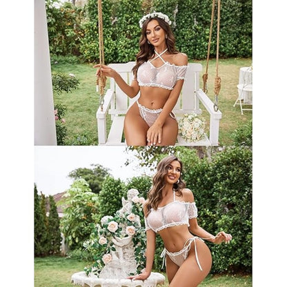Flirty Off-Shoulder Ruffle Lingerie Set - Sheer Mesh Bra & Tie-Side Panty - image 52