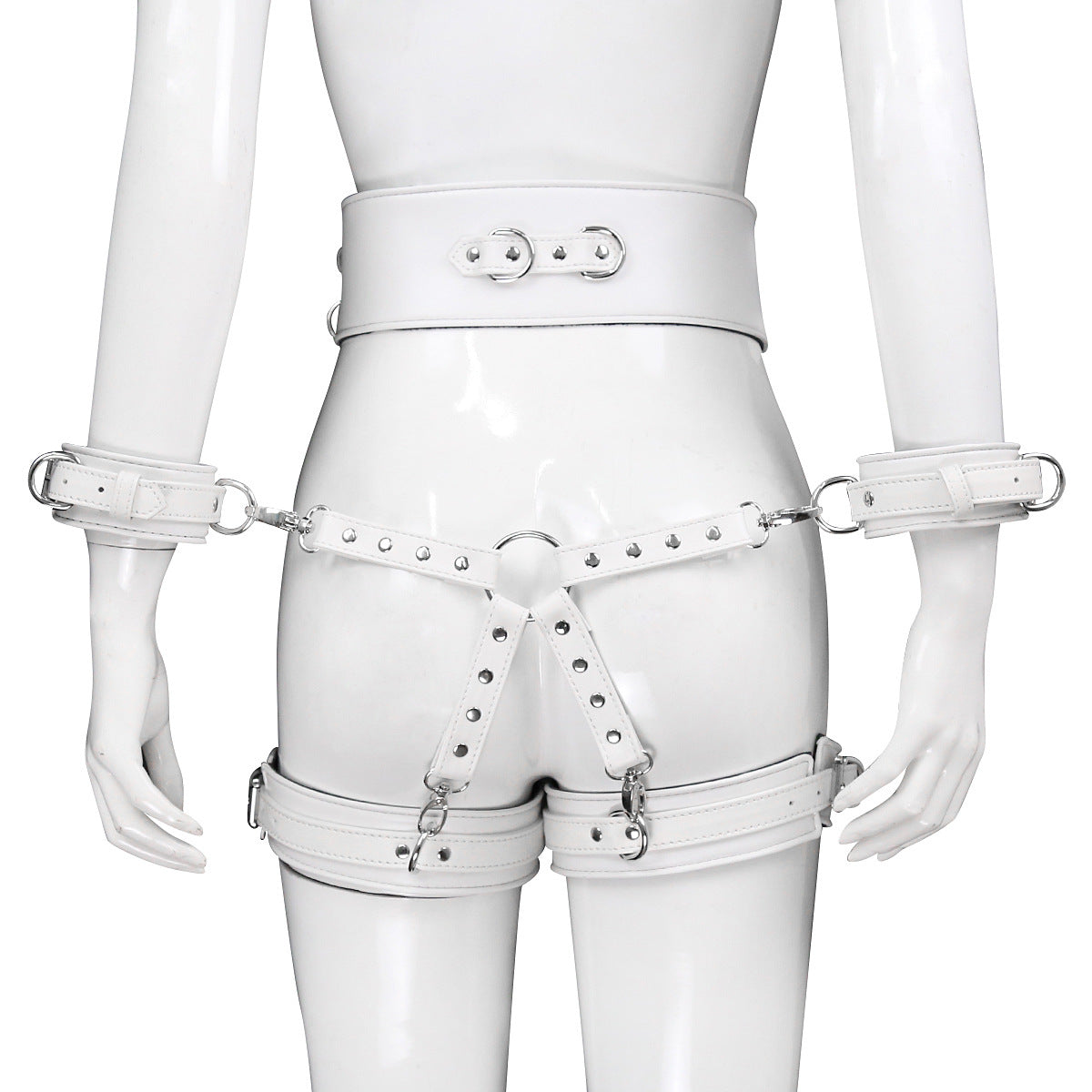 Bdsm Leather Handcuffs And Leg Cuffs with Doggy Style Harness - White - image 1