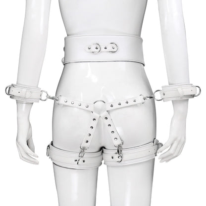 Bdsm Leather Handcuffs And Leg Cuffs with Doggy Style Harness - White - image 1