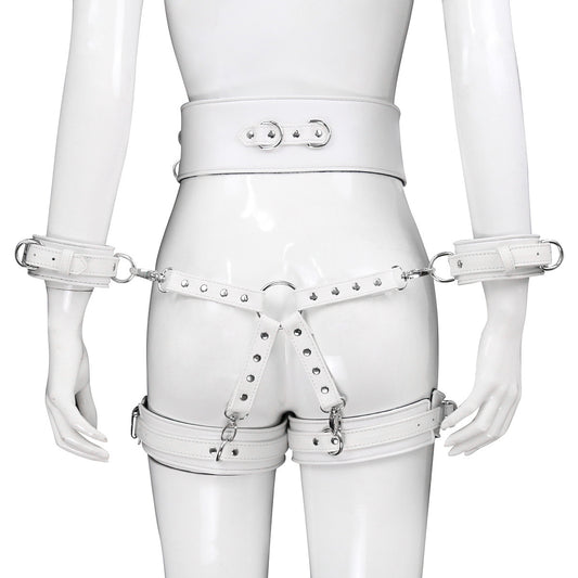 Bdsm Leather Handcuffs And Leg Cuffs with Doggy Style Harness - White - image 1