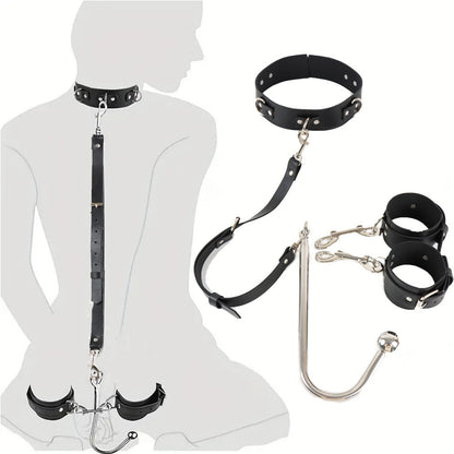 BDSM Handcuffs With Collar And Butt Plug Hook - withou leash - image 0