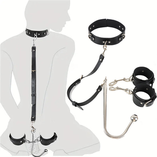 BDSM Handcuffs With Collar And Butt Plug Hook - withou leash - image 0