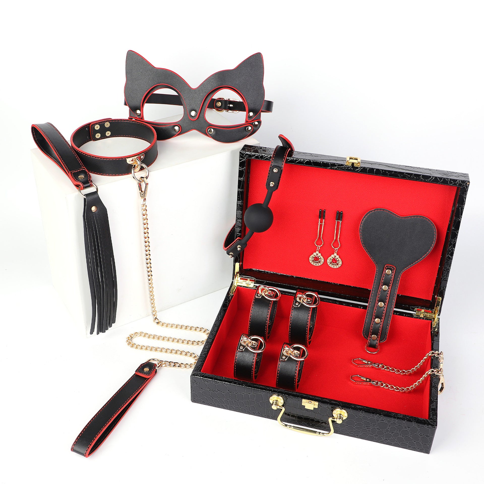 Erotic Leather BDSM Bondage Restraint 8pcs Set - Black & Red - image 3
