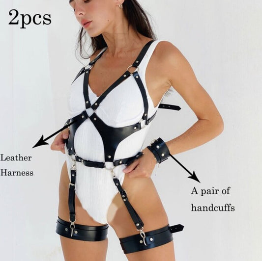 Sexy Faux Leather Open Back Lingerie Set with Adjustable Garter Belt – Erotic Camisole Nightwear - Black - image 1