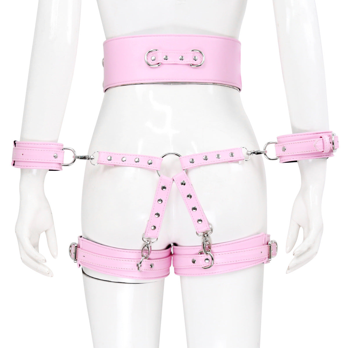 Bdsm Leather Handcuffs And Leg Cuffs with Doggy Style Harness - Pink - image 7