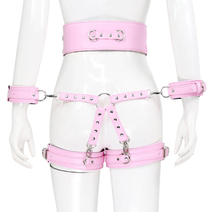 Bdsm Leather Handcuffs And Leg Cuffs with Doggy Style Harness - Pink - image 7
