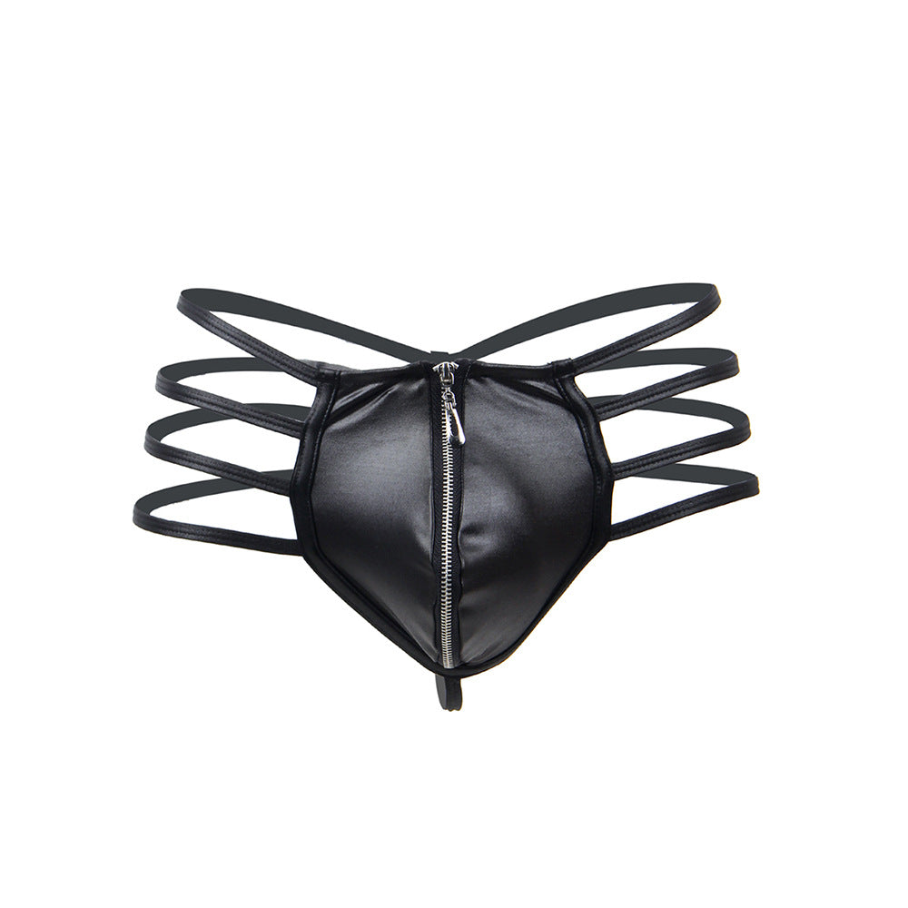 PU Leather Men's Underwear Lingerie Thong with Front Zipper - Black - XXL - image 2