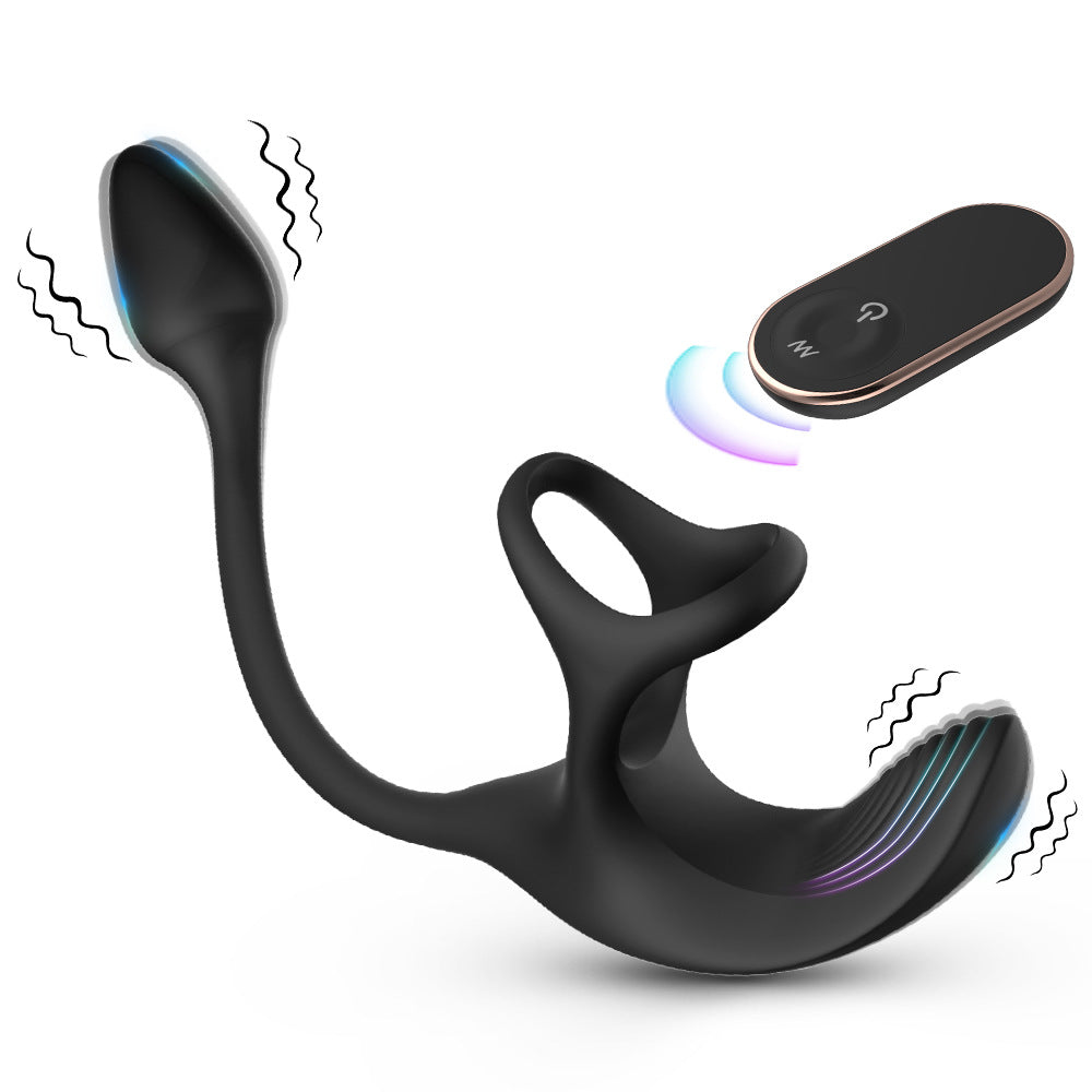 Remote Control Silicone Cock Ring With Vibrating Butt Plug - Black - image 1