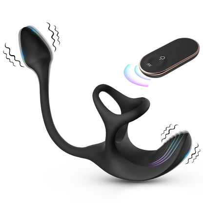 Remote Control Silicone Cock Ring With Vibrating Butt Plug - Black - image 1
