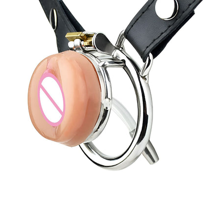 Sissy Chastity Cage with Virginal Pad & Urethral Tube - 55mm circular ring with leather belt - image 8