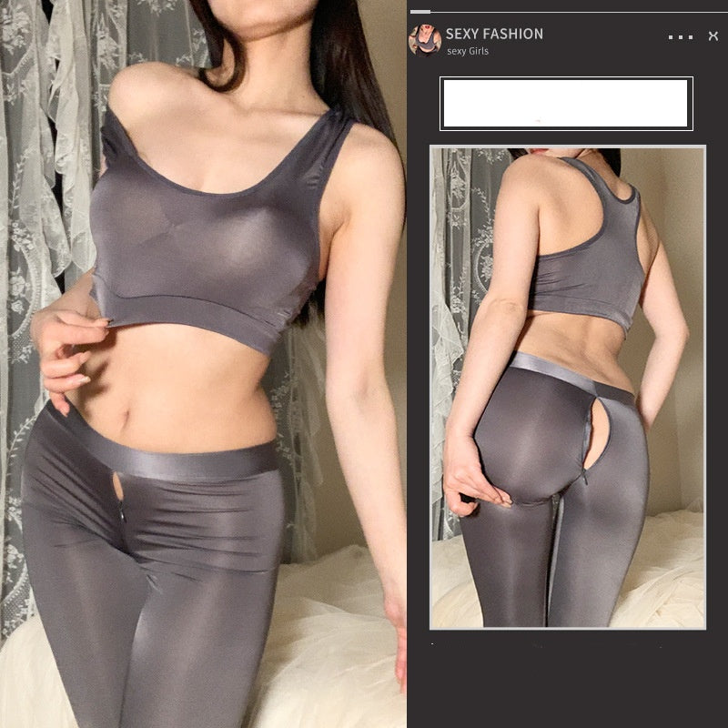 Open Front and Back End Sexy Pants & Bra Top - Gray - Fits for 40kg - 60kg - image 4