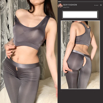 Open Front and Back End Sexy Pants & Bra Top - Gray - Fits for 40kg - 60kg - image 4