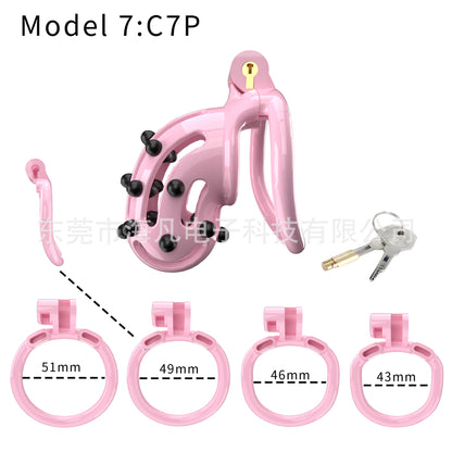Chastity Cage with Spikes & 4 Rings - Pink B - Curved Rings - image 5