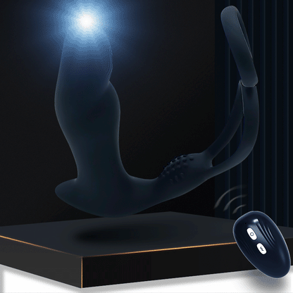 Remote Vibration Butt Plug With Double Cock Ring - Black - image 0
