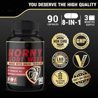 Horny Goat Weed Capsules Natural Aphrodisiac, Maca, Ginseng, Tribulus Terrestris - 90 capsules - image 3