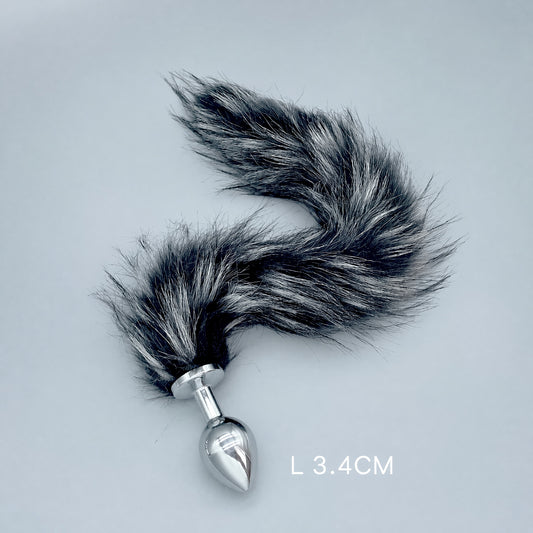 Silver & Black Fox Tail Plug with Removable Metal Base - L - image 1
