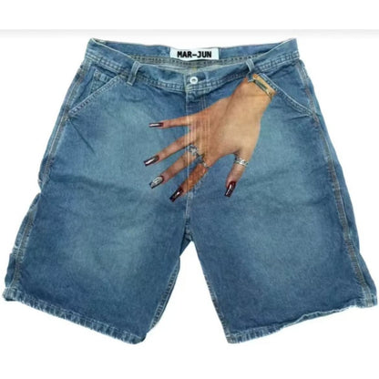 Men's Hip Hop Funny One Hand Printed Skateboarding Denim Shorts - J - XXL - image 3