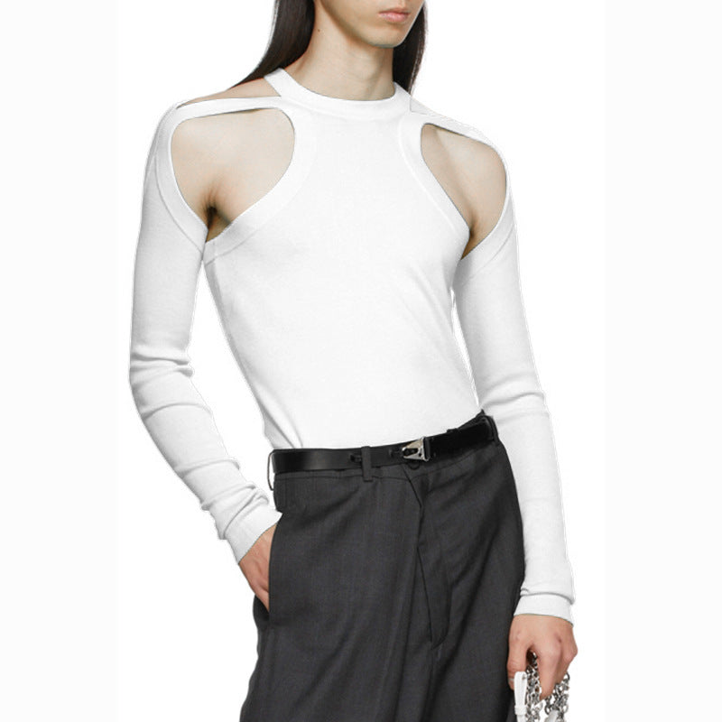 Men's Cut-Out Sexy Stretch Skinny T-Shirt - White & Long Sleeve - XXXL - image 4