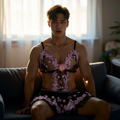 Blossom Seduction Floral Lace Men's Skirted Bodysuit - image 1