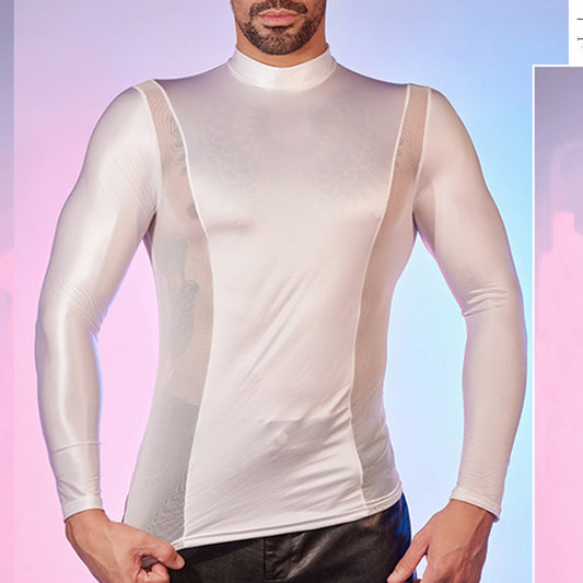 Men's Oiled Shiny High Elastic Long Sleeve Top - White - XXXL - image 0