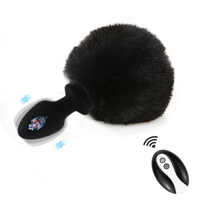 Multi-Color Bunny Tail Vibrating Anal Plug with Remote Control - Black - image 8