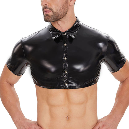 Men Sexy Leather Shirt With Glossy Pvc Leather - image 2