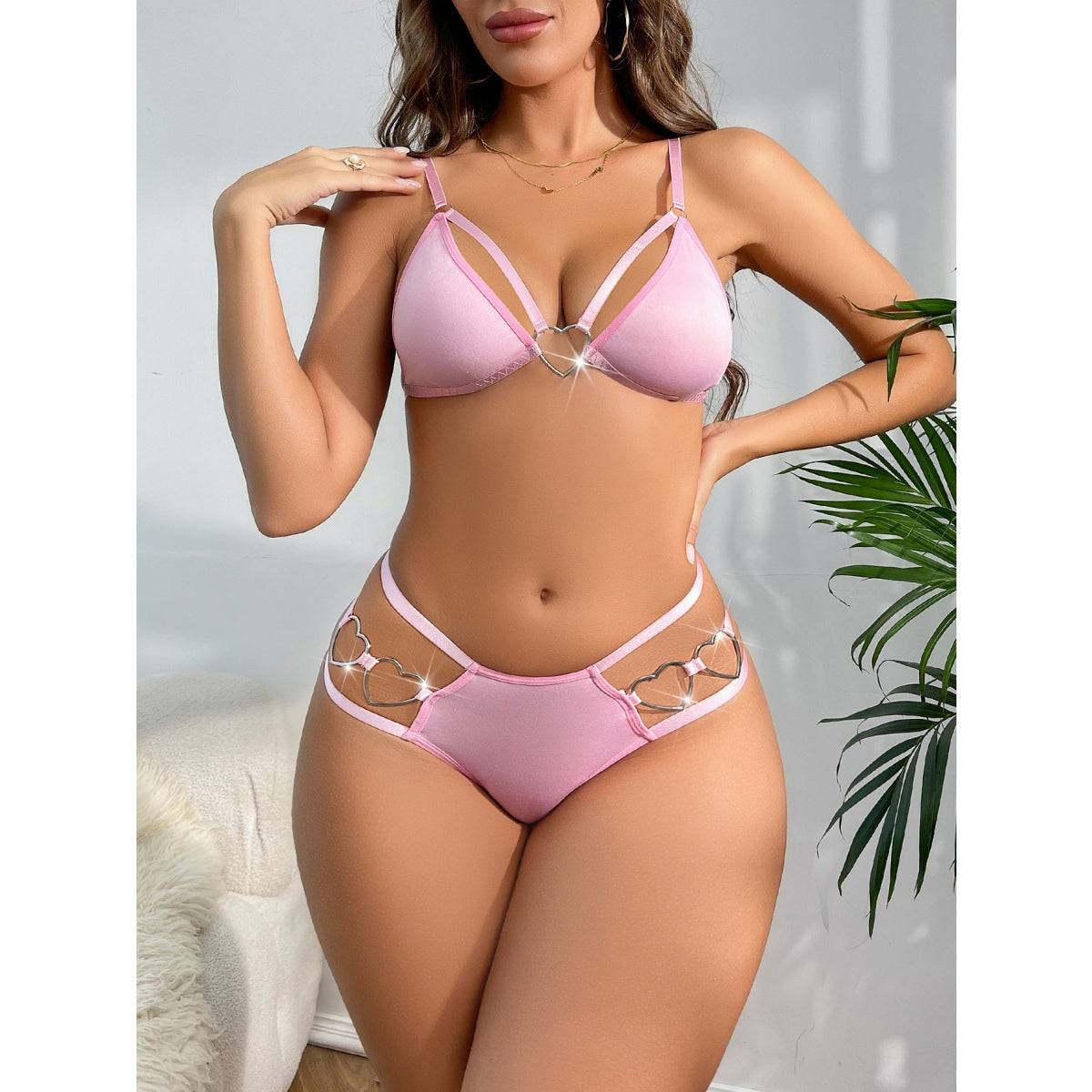 Heart Ring Linked Cut Out Lingerie Set - Pink - XL - image 13