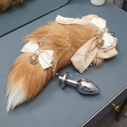 Luxury Fox Tail Plug Set – 15.7" Soft Gold Tail with Detachable Bow Details - image 6