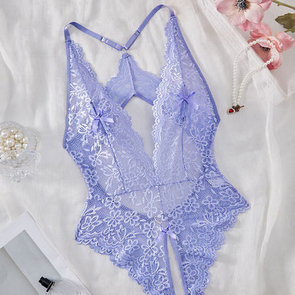 Sexy Crotchless Lace Teddy Bodysuit for Women – Deep V Lingerie with Adjustable Straps - Light Purple - XXL - image 10