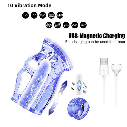Open-Ended Male Stroker with 3D Beaded Texture – Manual & Vibrating Versions Available - Transparent Blue - image 1