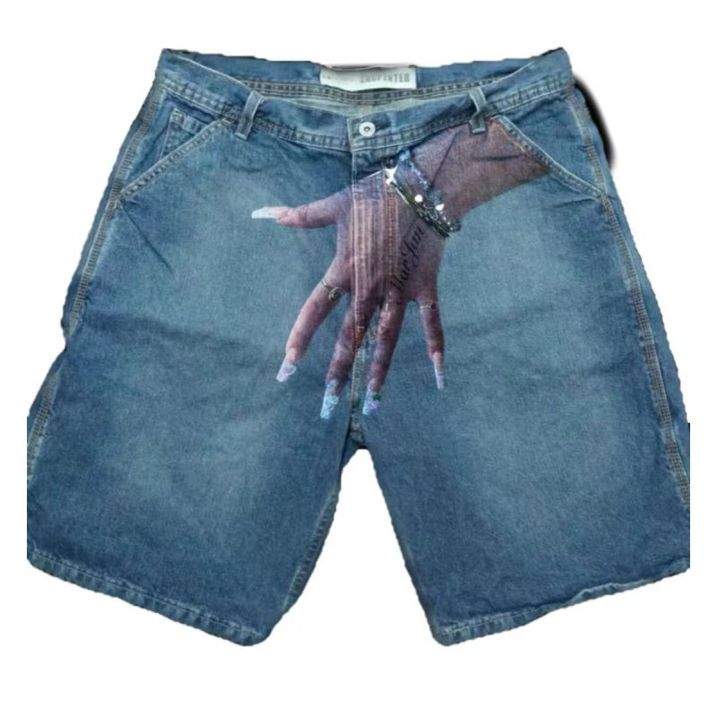 Men's Hip Hop Funny One Hand Printed Skateboarding Denim Shorts - B - XXL - image 7
