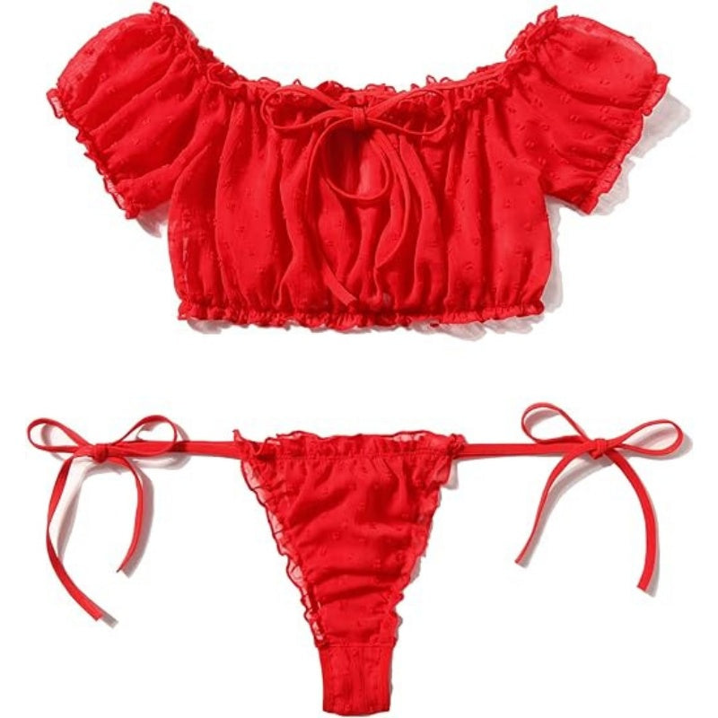 Flirty Off-Shoulder Ruffle Lingerie Set - Sheer Mesh Bra & Tie-Side Panty - image 12