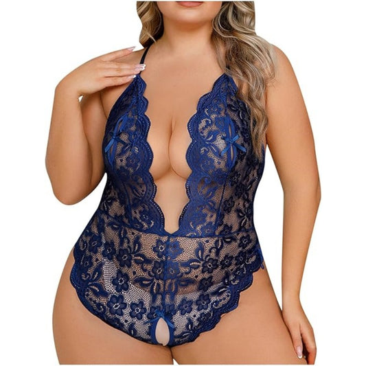 Curvy Girl Deep V Lace Lingerie – Plus Size Crotchless Bodysuit Nightwear - image 1