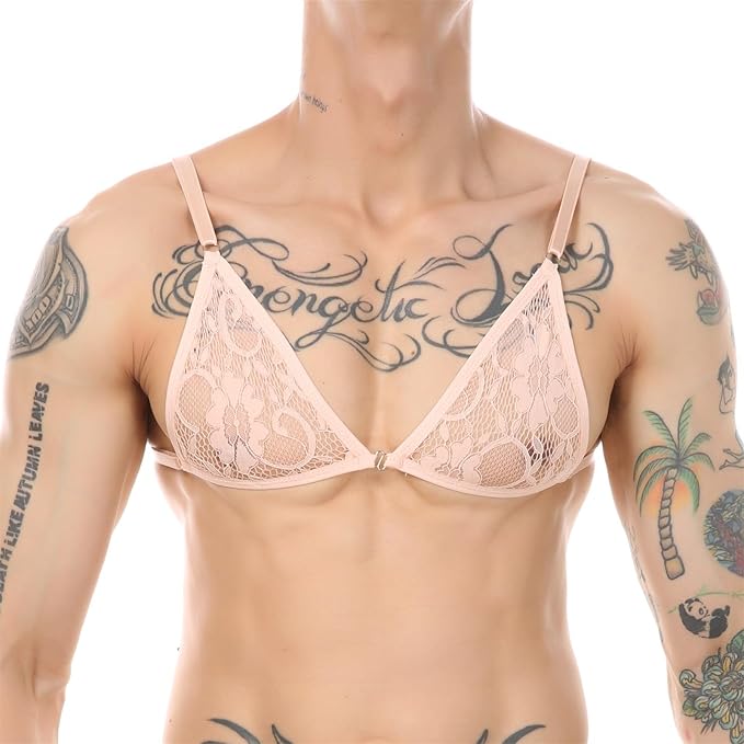 Men's Deep V-neck Lace Trim Sleepwear Sissy Men's Bra - Nude Bra - 2XL - image 11