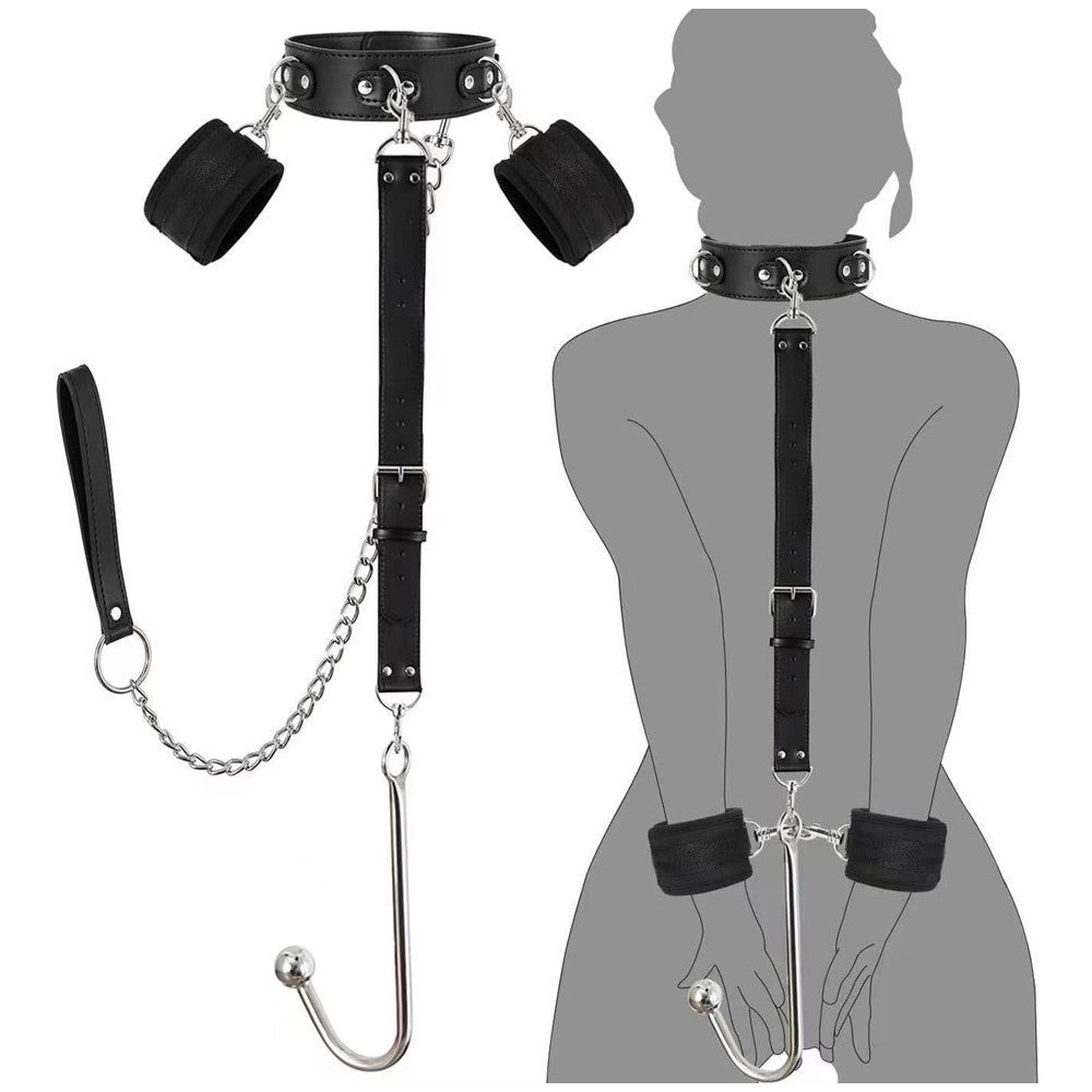 BDSM Handcuffs With Collar And Butt Plug Hook - with leash - image 4