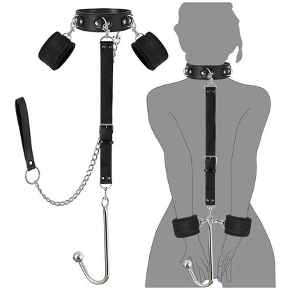 BDSM Handcuffs With Collar And Butt Plug Hook - with leash - image 4