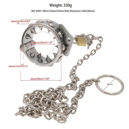 Stainless Steel Ring Testicle Ring with Spikes and Chain - S - image 4