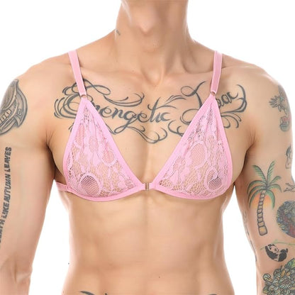 Men's Deep V-neck Lace Trim Sleepwear Sissy Men's Bra - Pink Bra - 2XL - image 14