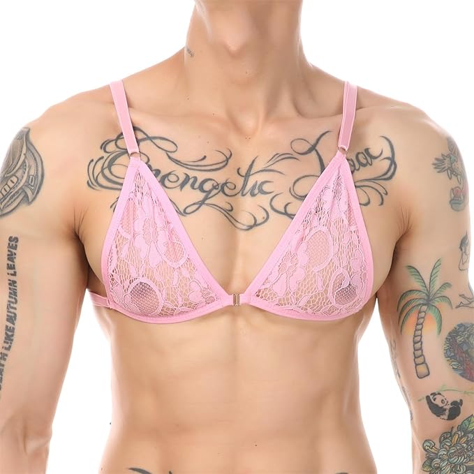Men's Deep V-neck Lace Trim Sleepwear Sissy Men's Bra - Pink Bra - 2XL - image 14